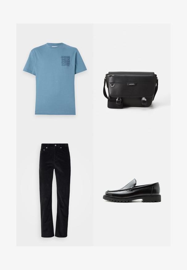 Hellblaues Baumwoll-T-Shirt mit Rundhalsausschnitt und kurzen Ärmeln. Auf der linken Brust befindet sich ein gestapeltes schwarzes "LACOSTE"-Logodesign.; Schwarze Cordhosen mit geradem Schnitt. Mit einem Knopfverschluss und Fünf-Taschen-Design. Strukturierter, gerippter Stoff.; Schwarzer Lederloafer mit grober Gummisohle, genähter Oberseite und geprägtem Markennamen an der Ferse, seitlich auf weißem Hintergrund gezeigt.; Schwarze, strukturierte Lacoste-Umhängetasche mit verstellbarem Tragegurt, Frontklappe, Reißverschlusstasche und Metallschnallen.