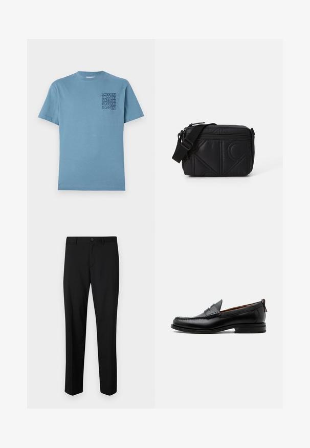 Hellblaues Baumwoll-T-Shirt mit Rundhalsausschnitt und kurzen Ärmeln. Auf der linken Brust befindet sich ein gestapeltes schwarzes "LACOSTE"-Logodesign.; Schwarze maßgeschneiderte Hose mit flachem Frontschnitt, normaler Taille und geraden Beinen. Hergestellt aus glattem Material, mit einem einzelnen Knopfverschluss.; Schwarzer Leder-Herrenschuh mit Mokassinnaht, Penny-Riemen, strukturiertem Kragen und niedrigem gestapeltem Absatz auf weißem Hintergrund.; Schwarze, gesteppten Umhängetasche mit geometrischem Muster, ausgestattet mit einem Reißverschluss und einem verstellbaren Tragegurt für mehr Komfort.