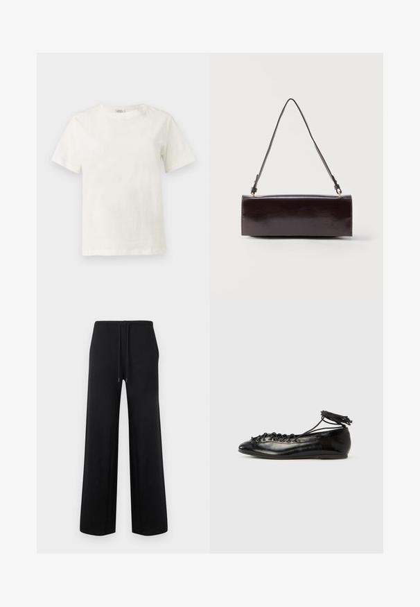 T-shirt blanc en coton, manches courtes, col rond, présenté sur un fond gris clair neutre.; Pantalon large noir avec taille élastique et cordon de serrage, présenté à plat sur un fond clair uni.; Ballerines en cuir verni noir avec un bout rond, un design à lacets et une semelle plate. Texture lisse avec peu de détails.; Sac à main rectangulaire en cuir noir avec une longue bandoulière unique et une finition brillante, présenté sur un fond blanc uni.