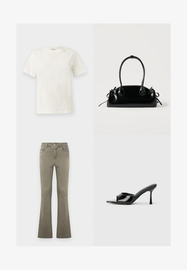 T-shirt blanc en coton, manches courtes, col rond, présenté sur un fond gris clair neutre.; Jean droit vert olive avec fermeture à boutons sur le devant, passants pour ceinture et design cinq poches, présenté sur un fond uni.; Mules noirs en cuir verni à bout ouvert avec une sangle étroite et un talon aiguille. Texture lisse et design minimaliste avec une semelle plate.; Petit sac à main noir brillant avec deux longues anses et des détails à cordon sur les côtés sur un fond clair uni.