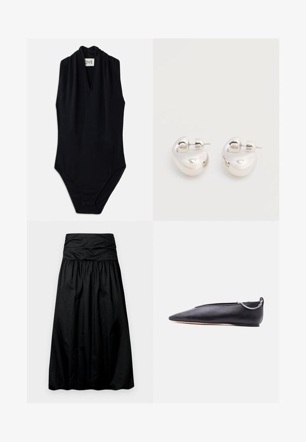Bodysuit sans manches noir avec un décolleté en V profond et des détails froncés au col. Fabriqué en tissu lisse et extensible. Design minimaliste.; Jupe noire mi-longue avec un design froncé, fabriquée dans un matériau lisse. Elle présente une large ceinture froncée en haut.; Chaussure plate noire en cuir pointue avec un petit talon et un détail de chaîne argentée à l'arrière sur un fond uni.; Paire de boucles d'oreilles argentées brillantes et épaisses avec fermoirs à tige, sur fond blanc uni.