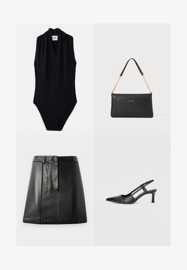 Bodysuit sans manches noir avec un décolleté en V profond et des détails froncés au col. Fabriqué en tissu lisse et extensible. Design minimaliste.; Jupe en cuir noir avec une forme structurée, dotée d'une poche avant et d'un accent métallique à la taille. Texture lisse et détails de couture.; Chaussure à bride arrière en cuir noir avec bout pointu, dotée d'un accent brillant sur le bout et d'un talon de hauteur moyenne. Design latéral ouvert.; Pochette en cuir noir avec une texture en relief, bandoulière en chaîne dorée et une poche avant. Elle arbore un logo doré sur le devant.