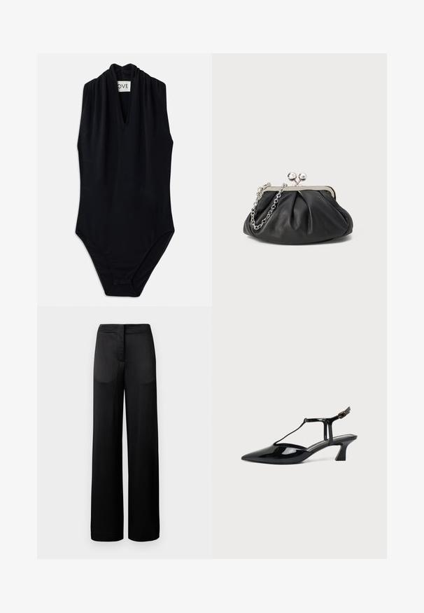 Sort ærmeløs bodysuit med en dyb v-udskæring og samling ved kraven. Fremstillet af glat, strækbart stof. Minimalistisk design.; Bredbenede sorte bukser med en tekstureret overflade, der har en flad talje og to sidelommer. Stoffet ser let og strømmende ud.; Sort laklæder spids tå slingback sko med T-rem og lav skrå blokhæl på hvid baggrund.; Sort læder clutch med samlet tekstur, sølvfarvet metalramme, kys-lås lukning og kædestrop. Glat, blød overflade.