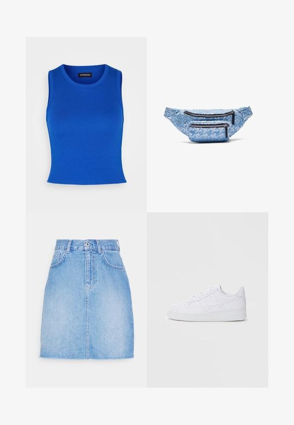 Kobaltblauwe geribbelde tanktop met een ronde halslijn en brede schouderbanden. Soepele textuur zonder zichtbare patronen of accenten.; Lichtblauwe denimrok met een rechte snit, sluiting met knopen aan de voorkant en twee zijzakken. De zoom is iets versleten voor een casual uitstraling.; Witte Nike Air Force 1 sneakers met een leren bovenwerk, ronde neus, vetersluiting, gewatteerde kraag en textuurrubberzool.; Pailletten blauwe heuptas met twee ritscompartimenten, voorzien van een gestructureerd oppervlak, zwarte ritsen en een verstelbare tailleband.