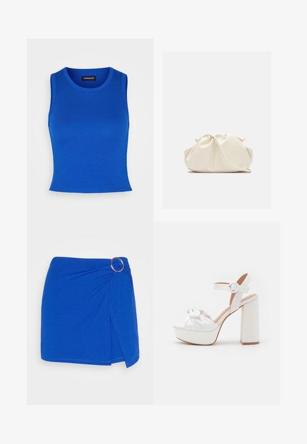 Débardeur côtelé bleu royal avec un col rond et de larges bretelles. Texture lisse sans motifs ni accents visibles.; Even&Odd by Zalando Short - blue; Sandales à plateforme blanches avec un talon épais, dotées d'un dessus en satin avec un détail en nœud et une bride à boucle au niveau de la cheville.; Pochette en cuir souple couleur crème avec un design froncé et une fine bandoulière reposant à l’avant sur un fond uni.