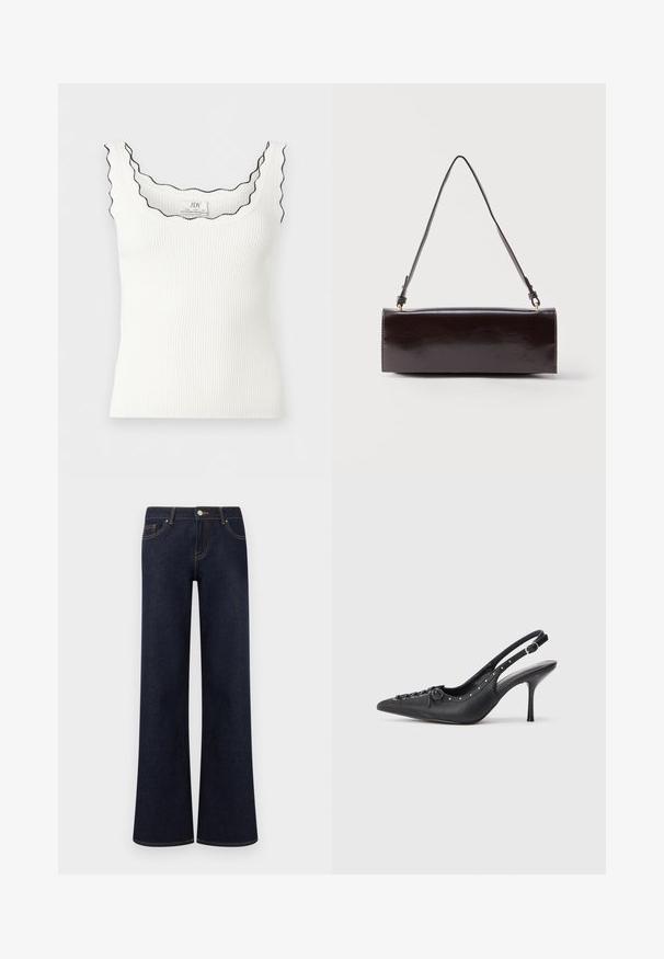 Débardeur blanc côtelé sans manches avec bords festonnés soulignés de noir autour de l'encolure et des bretelles.; Jean en denim bleu foncé à jambes larges avec poches avant, fermeture par bouton et fermeture éclair, et coutures contrastantes visibles.; Escarpin en cuir noir à talon aiguille avec un bout pointu, une bride latérale à boucle, des clous le long du bord et un laçage décoratif à l'avant.; Sac à main rectangulaire en cuir noir avec une longue bandoulière unique et une finition brillante, présenté sur un fond blanc uni.