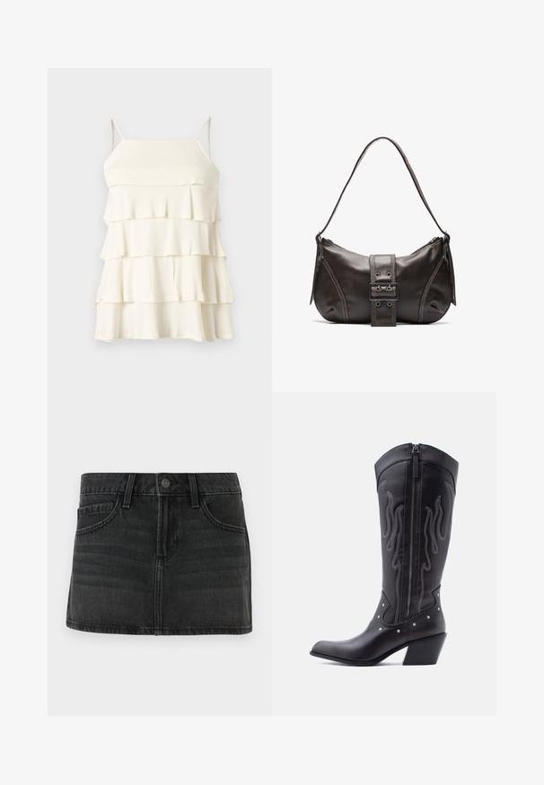 Robe blanche sans manches à volants avec fines bretelles et encolure droite sur un fond uni.; Jupe en denim noir au design ajusté, cinq poches et une taille. Elle dispose d'une fermeture à bouton en métal et d'un léger effet délavé.; Bottes de cow-boy en cuir noir avec bout pointu, coutures apparentes, ornements à clous argentés et fermeture éclair sur le côté intérieur.; Sac à épaule en cuir marron avec une forme courbée, présentant un détail de boucle proéminent, des coutures contrastantes et une seule bandoulière.