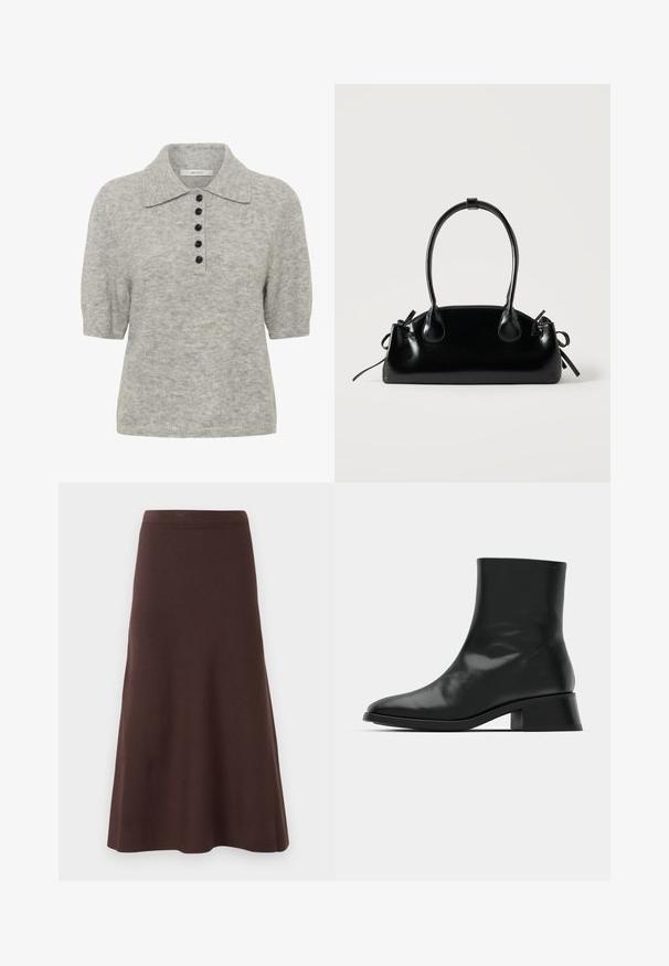 Polo en maille gris clair à manches courtes, avec cinq boutons noirs et un col pointu.; Jupe évasée marron en tissu lisse, avec une taille ajustée et un ourlet évasé, sans motifs ni embellissements visibles.; Bottine noire en cuir brillant, au design épuré, avec un bout pointu et un petit talon bloc pour plus de stabilité.; Petit sac à main noir brillant avec deux longues anses et des détails à cordon sur les côtés sur un fond clair uni.
