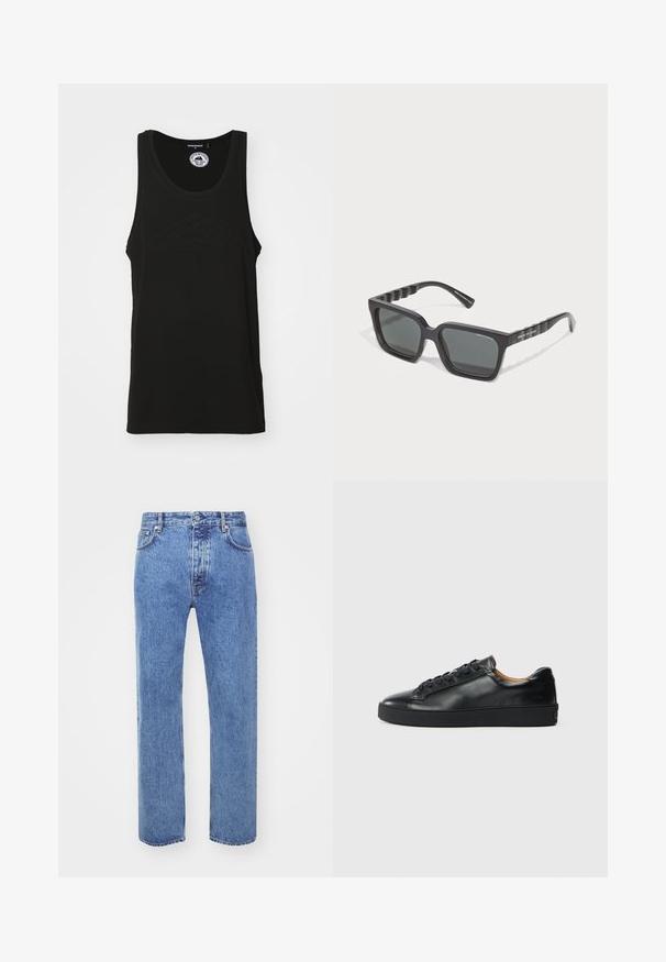 Débardeur sans manches noir en coton avec un col rond et un logo en relief à l'avant. Design épuré et minimaliste.; Won Hundred STEVE - Jean boyfriend - cut blue; Baskets en cuir noir avec une texture lisse, bout rond et fermeture à lacets. Comprend une semelle en caoutchouc épaisse et un minimum de détails de marque.; Lunettes de soleil noires rectangulaires avec des verres sombres, en plastique. Présentent des branches texturées avec un branding embossé. Design minimaliste.