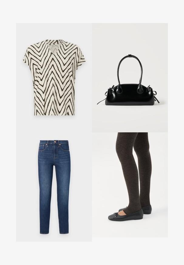 Korte mouwen V-hals top in crème met zwart zigzagpatroon. Zachte stof, losse pasvorm en zijnaad voor extra structuur.; GAP SKINNY HAVEL - Jeans Skinny Fit - dark wash; Benen met donkere geribbelde leggings gecombineerd met zwarte ballerina's met kleine strikdetails op een witte achtergrond.; Kleine zwarte glanzende handtas met twee lange hengsels en zijkant trekkoord details op een effen lichte achtergrond.
