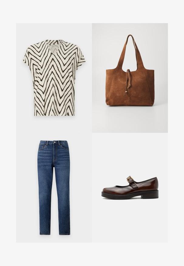 Korte mouwen V-hals top in crème met zwart zigzagpatroon. Zachte stof, losse pasvorm en zijnaad voor extra structuur.; Hoge taille blauwe denim jeans met rechte pijpen, voorzien van subtiele wassing, sluiting met één knoop en een vijf-pocket ontwerp.; Donkerbruine Mary Jane-schoen met glanzende afwerking, afgeronde neus, lage blokhak en gouden gesp over de wreef.; Bruine suede tote bag met twee lange handvatten, trekkoordsluiting en een gladde textuur. Kenmerkt zich door een eenvoudig ontwerp en minimale accenten.