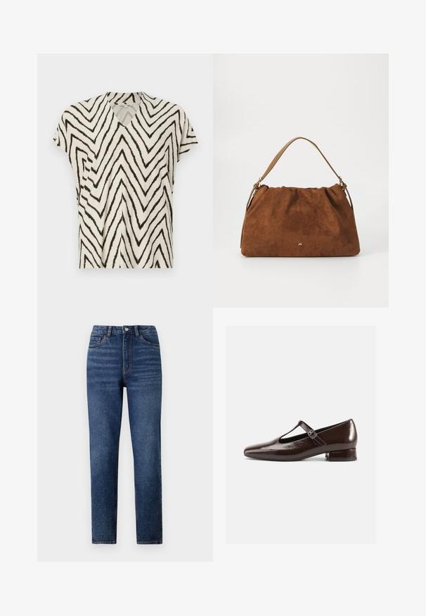 Korte mouwen V-hals top in crème met zwart zigzagpatroon. Zachte stof, losse pasvorm en zijnaad voor extra structuur.; Hoge taille blauwe denim jeans met rechte pijpen, voorzien van subtiele wassing, sluiting met één knoop en een vijf-pocket ontwerp.; Bruine lakleren Mary Jane-schoenen met een afgeronde neus, een uitgesneden ontwerp en een verstelbare riem. Lage blokhak.; Bruine suède handtas met een geplooid ontwerp, voorzien van een enkele tan kleur leren schouderband en een subtiele gouden logo-detail aan de voorkant.