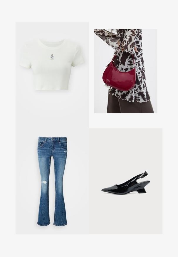 T-shirt blanc court en tissu doux, avec un petit personnage de dessin animé brodé sur la poitrine, des manches courtes et un col arrondi.; Jeans en denim bleu évasés avec une taille mi-haute, des détails déchirés aux genoux et une finition lisse et texturée sur l'ensemble.; Chaussure slingback en cuir verni noir avec bout pointu et petit talon bloc incliné sur fond clair uni.; Femme portant un chemisier à motif noir et blanc tenant un sac à main rouge brillant sur un fond uni.