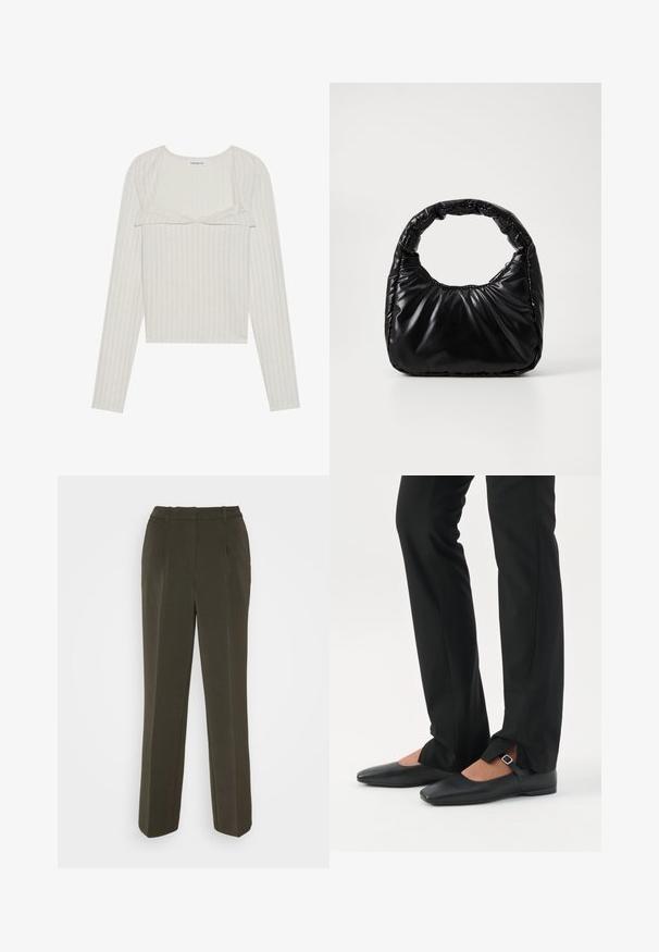 Top largo de manga larga en color beige claro con textura acanalada. Presenta un encaje en el dobladillo y un diseño corto, con escote redondo y mangas ajustadas.; Vero Moda VMISABEL WIDE PANT - Pantalones - peat; Piernas con pantalones ajustados negros con aberturas frontales en el dobladillo, combinados con zapatos planos Mary Jane negros con una pequeña correa con hebilla.; Bolso negro acolchado con un asa redondeada, que presenta una superficie lisa y brillante y una textura suave y acolchada. Sin herrajes ni acentos visibles.
