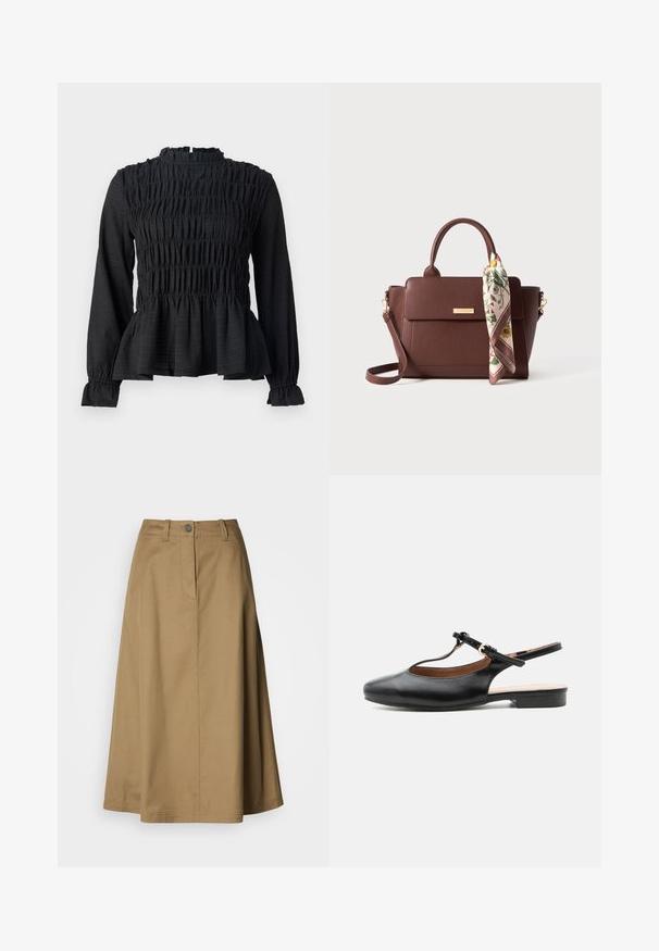 Čierny top s dlhým rukávom a smocked detailami, vysokým golierom a rozšíreným peplum lemom. Vyrobený z textúrovaného materiálu s volánovými manžetami.; Khaki midi sukňa z bavlnenej zmesi, s rovým strihom, predným zapínaním na gombíky a jemnou textúrou, so bočnými rozparkami na voľnosť pohybu.; Čierna kožená plochá slingback obuv s T-remienkom a zlatou prackou na neutrálnom pozadí.; Hnedá kožená kabelka s hornými rúčkami a odnímateľným popruhom na kríž. Obsahuje šatku s kvetinovým vzorom, ktorá je previazaná okolo rúčky. Detail v zlatej farbe.
