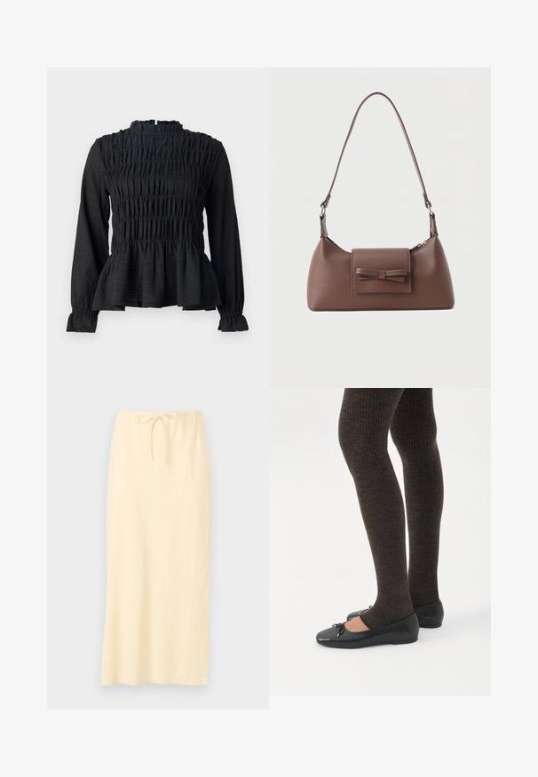 Čierny top s dlhým rukávom a smocked detailami, vysokým golierom a rozšíreným peplum lemom. Vyrobený z textúrovaného materiálu s volánovými manžetami.; Svetlo žltá dlhá sukňa z priedušného materiálu s elastickým pásom a šnúrkou, ktorá umožňuje prispôsobenie veľkosti. Hladká štruktúra, bez vzorov.; Nohy v tmavých pásikavých legínach v kombinácii s čiernymi balerínkami s malými mašličkami na bielom pozadí.; Hnedá kožená taška na rameno s predným vreckom na prekrytie, ktoré má prešitý detail mašle a nastaviteľný popruh.