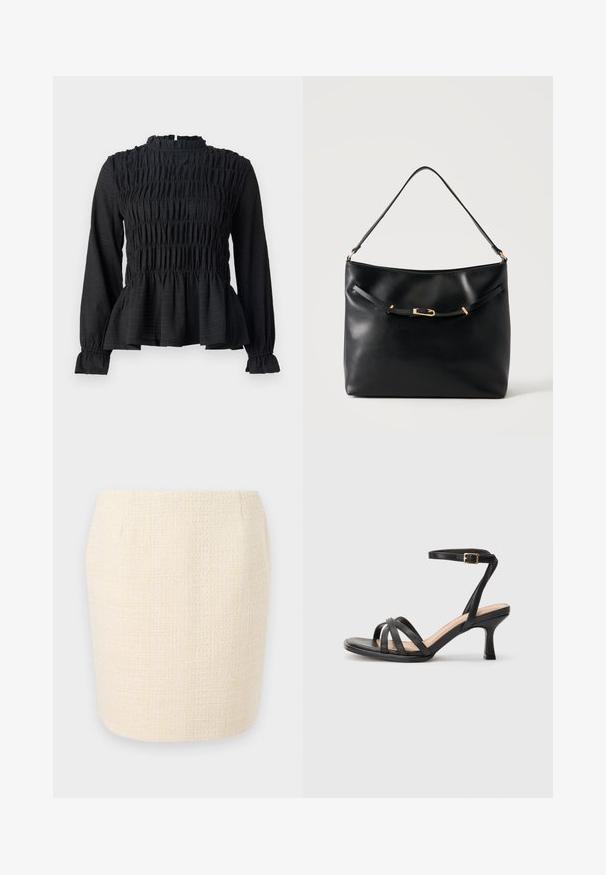 Top negro de manga larga con detalles fruncidos, cuello alto y dobladillo peplum acampanado. Fabricado con una tela texturizada y puños con volantes.; Falda de lápiz tejida en color crema con un acabado texturizado, que presenta una silueta recta y líneas verticales sutiles en todo su diseño.; Sandalias negras de tacón alto con múltiples tiras finas en la parte delantera, una sola tira en el tobillo con un hebilla dorada y punta cuadrada.; Bolso de hombro de cuero negro con una sola correa y un pequeño detalle de hebilla dorada en la parte delantera sobre un fondo claro y liso.