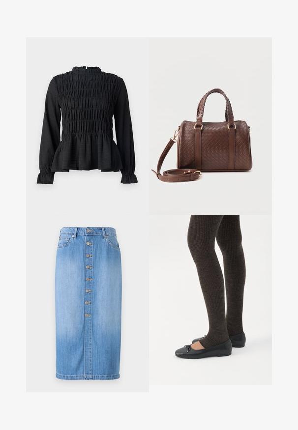 Čierny top s dlhým rukávom a smocked detailami, vysokým golierom a rozšíreným peplum lemom. Vyrobený z textúrovaného materiálu s volánovými manžetami.; Modrá denimová midi sukňa s priamym strihom, s predným zapínaním na gombíky, piatimi vreckami a bledým umývaním pre textúru.; Nohy v tmavých pásikavých legínach v kombinácii s čiernymi balerínkami s malými mašličkami na bielom pozadí.; Tmavohnedá tkaná kožená kabelka s dvoma zapletenými rukoväťami, zlatým kovaním a odnímateľným remienkom cez rameno stočeným vpredu.