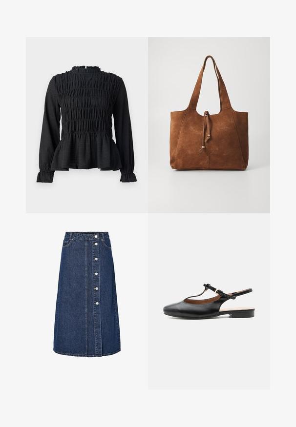 Čierny top s dlhým rukávom a smocked detailami, vysokým golierom a rozšíreným peplum lemom. Vyrobený z textúrovaného materiálu s volánovými manžetami.; Džínová sukňa s vysokým pásom, predným zapínaním na gombíky a dvoma bočnými vreckami. Tmavomodrá farba, rovný strih a viditeľné šitie.; Čierna kožená plochá slingback obuv s T-remienkom a zlatou prackou na neutrálnom pozadí.; Hnedá semišová taška so dvoma dlhými uchami, sťahovacie zapínanie a hladká textura. Obsahuje jednoduchý dizajn a minimálne akcenty.