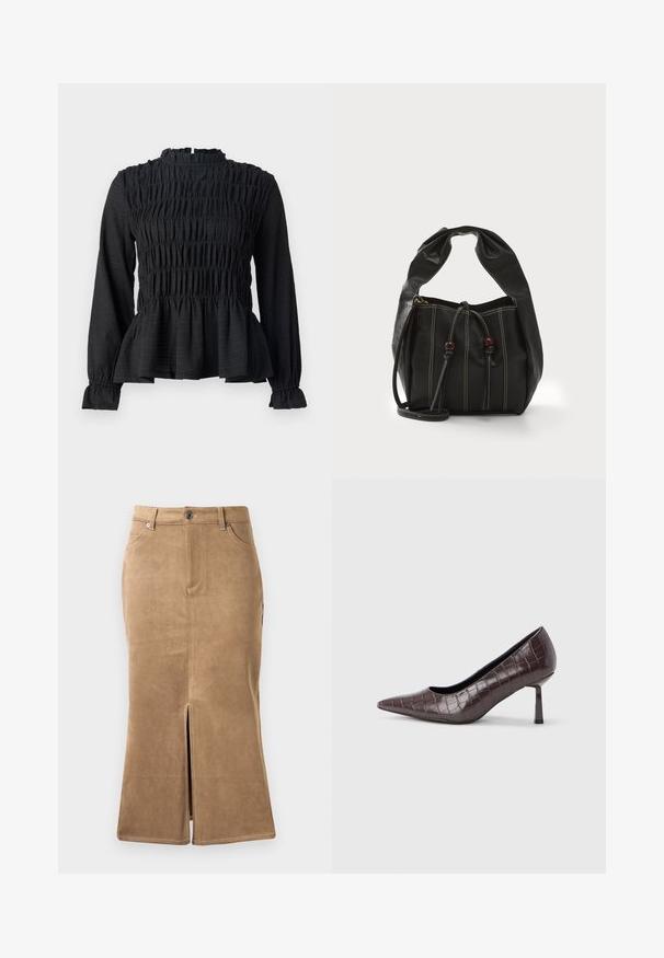 Top negro de manga larga con detalles fruncidos, cuello alto y dobladillo peplum acampanado. Fabricado con una tela texturizada y puños con volantes.; Falda midi de ante marrón con una abertura frontal, costuras en contraste y diseño de cinco bolsillos. Textura suave y forma ajustada.; Tacones puntiagudos de cuero sintético marrón con textura de cocodrilo, con un tacón delgado y angular y un forro interior suave.; Bolso de mano de cuero negro con una parte superior redondeada, cierre de cordón y costuras en contraste. Presenta asas cortas y suaves, además de cuentas decorativas.