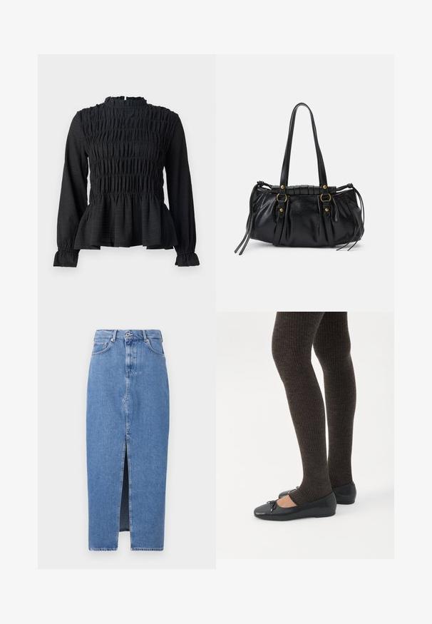 Top negro de manga larga con detalles fruncidos, cuello alto y dobladillo peplum acampanado. Fabricado con una tela texturizada y puños con volantes.; Falda midi de mezclilla azul claro con una abertura frontal, diseño clásico de cinco bolsillos y cierre con botón en la parte superior. La tela tiene una ligera textura.; Piernas con leggings oscuros acanalados combinados con bailarinas negras que presentan pequeños detalles de lazo sobre un fondo blanco.; Bolso de mano de cuero negro con forma redondeada, asas dobles, acentos de hardware decorativo y detalles de lazo en los laterales. Textura lisa y brillante.