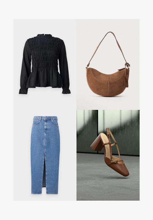 Top negro de manga larga con detalles fruncidos, cuello alto y dobladillo peplum acampanado. Fabricado con una tela texturizada y puños con volantes.; Falda midi de mezclilla azul claro con una abertura frontal, diseño clásico de cinco bolsillos y cierre con botón en la parte superior. La tela tiene una ligera textura.; Zapato de tacón de cuero marrón con punta puntiaguda, correa ajustable en el tobillo y detalle de hebilla cuadrada dorada. Textura lisa y tacón grueso.; Bolso de ante marrón con forma curva de media luna. Cuenta con una correa para el hombro, una pequeña etiqueta y costuras visibles a lo largo de los bordes.
