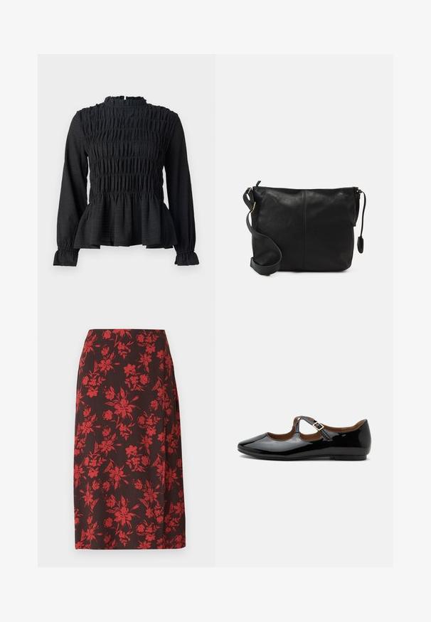 Čierny top s dlhým rukávom a smocked detailami, vysokým golierom a rozšíreným peplum lemom. Vyrobený z textúrovaného materiálu s volánovými manžetami.; Anna Field MIDI SPLIT - Puzdrová sukňa - red/brown; Čierne lesklé Mary Jane baleríny s dvoma výrezmi a zlatou prackou na bielom pozadí.; Čierna kožená crossbody taška s plochým tvarom, zlatými kovovými akcentmi a nastaviteľným popruhom. Hladký povrch s minimálnymi švíkmi.