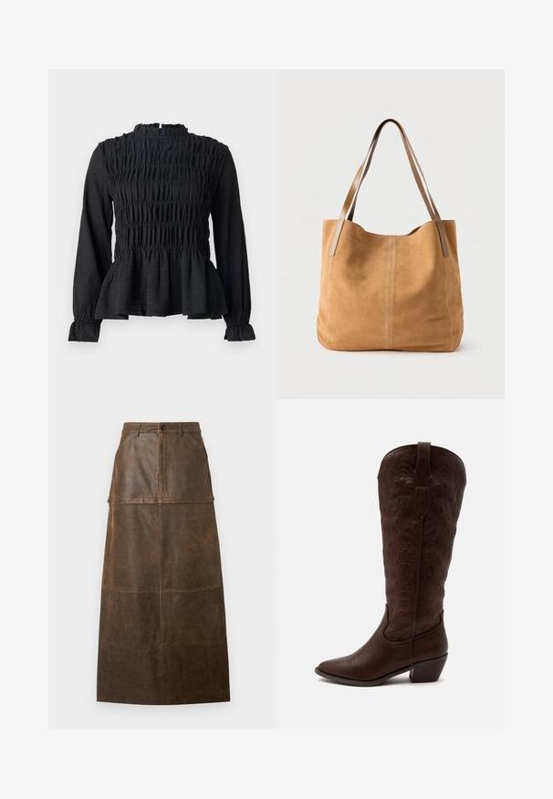 Top negro de manga larga con detalles fruncidos, cuello alto y dobladillo peplum acampanado. Fabricado con una tela texturizada y puños con volantes.; Falda midi de cuero marrón con cintura alta, bolsillos frontales y una textura suave que presenta costuras visibles.; Botas de cowboy altas de cuero marrón con costuras detalladas, punta puntiaguda y tacón cuadrado sobre un fondo claro y liso.; Bolso tote de ante color bronceado con largas asas de cuero marrón claro, textura suave y costuras sencillas sobre un fondo blanco liso.