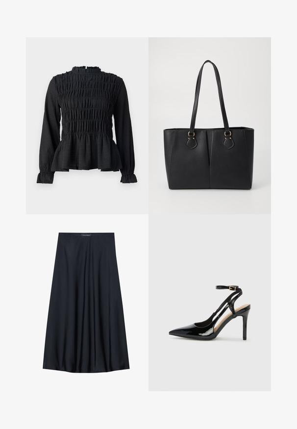 Top negro de manga larga con detalles fruncidos, cuello alto y dobladillo peplum acampanado. Fabricado con una tela texturizada y puños con volantes.; Falda negra, de largo hasta la rodilla, hecha de una tela ligera con un diseño fluido. Presenta una textura suave y pliegues sutiles como detalle adicional.; Zapato de charol negro de tacón alto, tipo slingback, con punta afilada, correa ajustable en el tobillo y lados abiertos. Textura lisa.; Bolso tote de cuero sintético negro con un acabado texturizado, dos asas largas y detalles en tono dorado en el lateral. Forma rectangular.