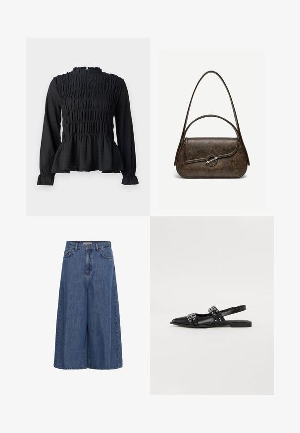 Musta pitkähihaine paita, jossa on smokkidetaileja, korkeakaulus ja liehuva peplum-helma. Valmistettu teksturoidusta kankaasta, jossa on röyhelöpäät.; Siniset leveälahkeiset farkkuculottes, joissa edessä nappi, vetoketju, vyölenkit sekä etu- ja takataskut.; Even&Odd Takaa avoimet ballerinat - black; Tummanruskea, teksturoidusta nahasta valmistettu käsilaukku, jossa on kaksi hihnaa, pyöristetyn suorakaiteen muoto ja hopeanvärinen pyöreä solkilukko edessä olevan läpän sulkemiseen.