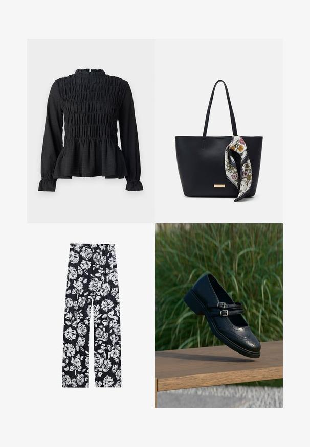Haut noir à manches longues avec des détails smockés, col haut et ourlet peplum évasé. Fabriqué en tissu texturé avec des poignets à volants.; Pantalons floraux en tissu marine avec un motif de fleurs blanches, dotés de jambes larges et d'une coupe décontractée. Texture lisse, sans matériel visible.; Chaussure Mary Jane en cuir noir avec doubles brides bouclées et détails brogue, flottant au-dessus d'un banc en bois avec en arrière-plan de l'herbe verte.; Sac fourre-tout en cuir noir avec deux poignées, orné d'une écharpe en soie florale attachée à la poignée et d'un accent logo métallique à l'avant.