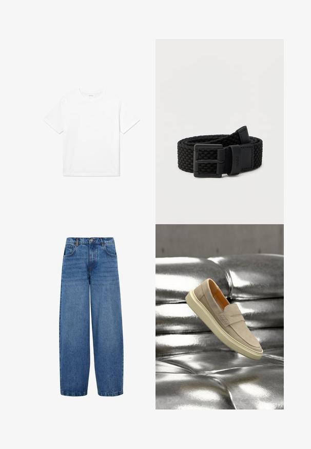 Weißes Baumwoll-T-Shirt mit kurzen Ärmeln, rundem Halsausschnitt und geradem Saum. Glatte Textur ohne sichtbare Muster oder Akzente.; Weite Jeans aus mittelblauem Denim. Merkmale sind eine hohe Taille, ein klassisches Fünf-Taschen-Design und dezente Ausbleichungen an den Beinen. Standard-Saum.; Beiger Slip-On-Schuh aus Wildleder mit minimalistischem Design, leicht erhöhtem Vorderteil, cremefarbener Gummisohle und orangefarbenem Innenfutter.; Schwarzer gewebter Stoffgürtel mit schwarzer Metall-Schnalle und Leder-Schlaufe, geprägt mit "HUGO", aufgewickelt auf weißem Hintergrund.