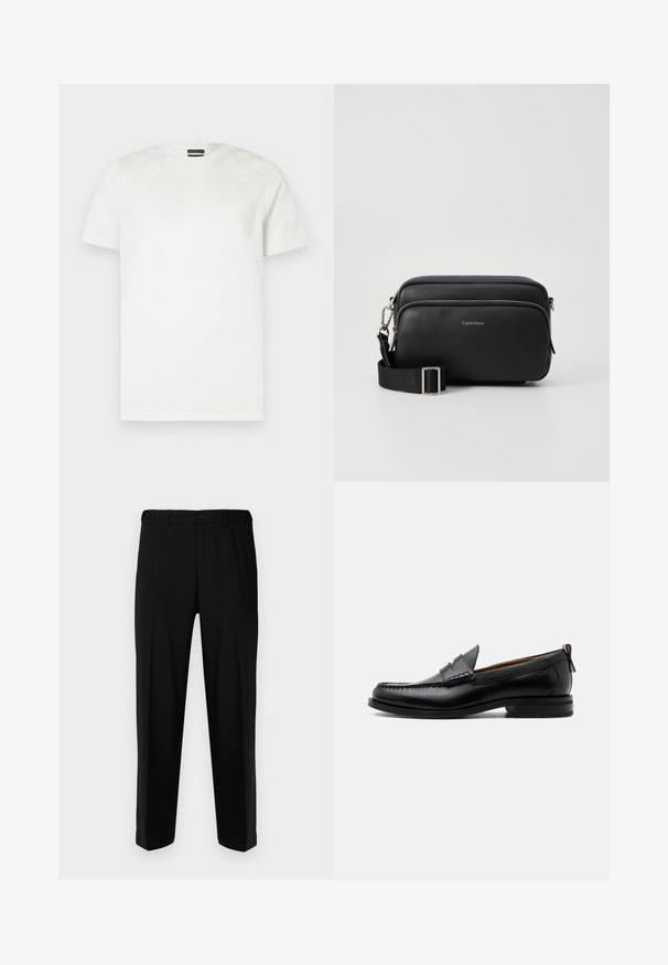 T-shirt en coton blanc à manches courtes avec un motif texturé subtil sur le devant supérieur. Col rond, coupe standard.; Pantalon noir en tissu lisse, présentant une coupe droite, deux poches avant et une fermeture à glissière avec bouton.; Mocassin homme en cuir noir avec couture moc toe, bride penny, col texturé et petit talon empilé sur fond blanc.; Sac en cuir noir à bandoulière avec deux compartiments zippés, finition texturée, sangle ajustable et accents en métal argenté. Logo Calvin Klein affiché.