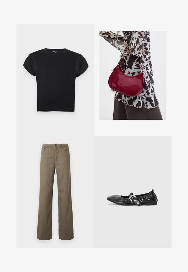 Crop top noir à manches courtes avec un col rond, des épaules légèrement étendues et une coupe ajustée sur fond blanc.; Pantalon à jambes larges en coton vert olive, doté d'une fermeture à boutons, de passants pour ceinture, et d'un design à cinq poches avec une texture lisse et durable.; Chaussure plate en cuir noir avec un nez pointu, des détails froncés autour de l'ouverture et un accent en boucle argentée sur la bride ajustable.; Femme portant un chemisier à motif noir et blanc tenant un sac à main rouge brillant sur un fond uni.