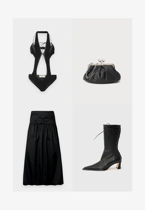 Maillot de bain noir avec des découpes sur les côtés, des bretelles larges et un décolleté en V. Fabriqué en tissu lisse, il présente une étiquette de marque au dos.; Jupe noire mi-longue avec un design froncé, fabriquée dans un matériau lisse. Elle présente une large ceinture froncée en haut.; Bottine noire en cuir avec bout pointu, talon fin, détail à lacets à l'arrière et œillets métalliques. Texture lisse avec un design élégant.; Porte-monnaie en cuir noir avec texture froncée, cadre en métal argenté, fermeture à verrouillage kiss-lock et bandoulière en chaîne. Surface lisse et douce.