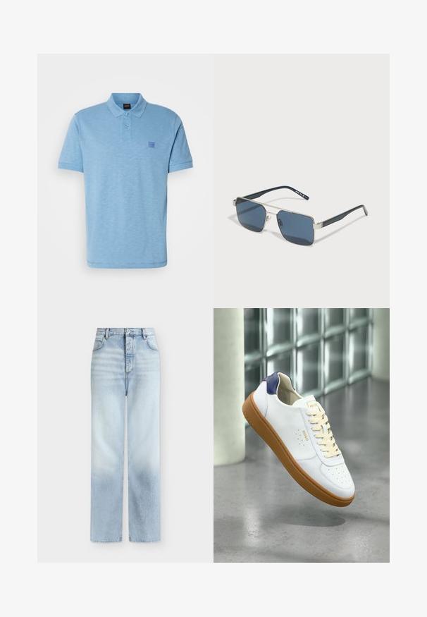 Lichtblauwe poloshirt gemaakt van gestructureerde katoen. Beschikt over een drieknops sluiting en een klein logo-opstrijkpat op de borst. Korte mouwen.; Lichtblauwe, hoog getailleerde, rechte jeans met voorzakken, riemlussen en een knoopsluiting.; Witte Hugo-sneaker met beige veters, bruine zool en een marineblauw hieldetail, zwevend boven een gepolijste betonnen vloer bij glasblokken.; HUGO Zonnebril - matte palladium