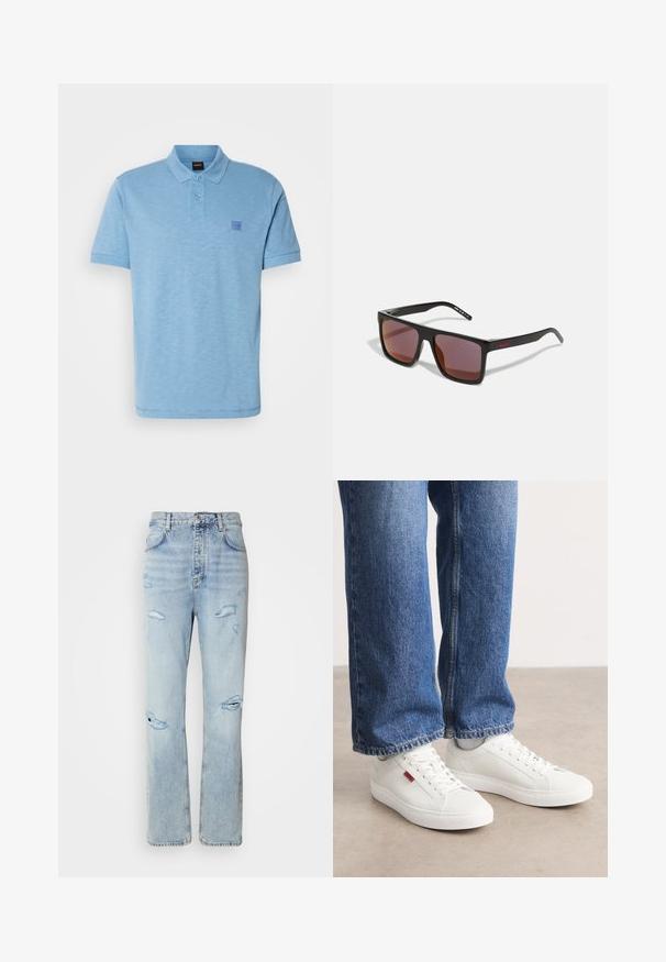 Lichtblauwe poloshirt gemaakt van gestructureerde katoen. Beschikt over een drieknops sluiting en een klein logo-opstrijkpat op de borst. Korte mouwen.; Licht gewassen denim jeans met een ontspannen pasvorm, voorzien van versleten plekken en rafelige randen. De stof heeft een zachte, gladde textuur.; Witte sneakers met een glad oppervlak, ronde neus en platte zool. Vergezeld door blauwe denim jeans met een rechte pasvorm en zichtbare stiksels.; Zwarte rechthoekige zonnebril met donkerrode glazen, voorzien van een matte afwerking en een rood logo op de slapen. Stevig plastic frame.