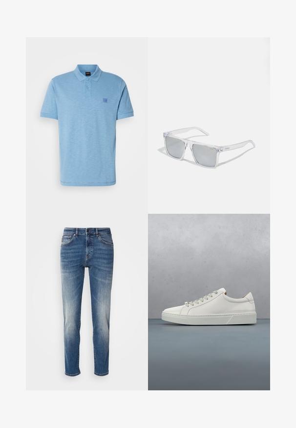 Lichtblauwe poloshirt gemaakt van gestructureerde katoen. Beschikt over een drieknops sluiting en een klein logo-opstrijkpat op de borst. Korte mouwen.; Blauwe denim jeans met een recht model, lichte vervaging, klassieke vijf-pocketstijl en een ritssluiting met knoopsluiting.; Witte leren sneaker met een ronde neus, minimalistisch ontwerp, grijze veters en een gestructureerde grijze rubberen zool. Fijne stikdetails zichtbaar.; HUGO Zonnebril - crystal