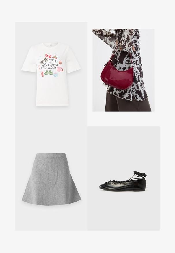 T-shirt blanc à manches courtes avec un design coloré portant le texte "Les essentiels de cette saison" et diverses illustrations saisonnières, y compris des fleurs et des cadeaux.; Jupe évasée en maille grise avec une finition texturée. Elle présente une taille élastique et une silhouette lisse, se rétrécissant vers l'ourlet.; Ballerines en cuir verni noir avec un bout rond, un design à lacets et une semelle plate. Texture lisse avec peu de détails.; Femme portant un chemisier à motif noir et blanc tenant un sac à main rouge brillant sur un fond uni.