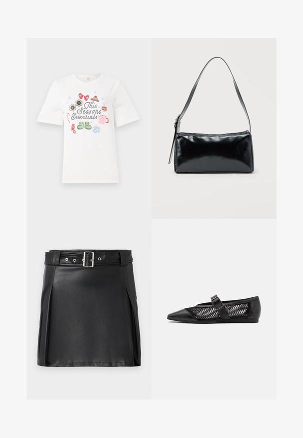 Λευκό κοντομάνικο T-shirt με πολύχρωμο σχέδιο που περιλαμβάνει το κείμενο "Τα απαραίτητα της σεζόν" και διάφορες εποχιακές απεικονίσεις, όπως λουλούδια και δώρα.; Μαύρη φουστάνι μίνι από ψεύτικο δέρμα με εφαρμοστή γραμμή, πλευρικές πτυχές και ζώνη με ασημένια μεταλλική πόρπη και οπές. Λείος υφάσματος, ψηλή μέση.; Μαύρο επίπεδο παπούτσι με μυτερή μύτη, πλάγιες πάνελ από δίχτυ και λουράκι με λεπτομέρεια από αγκράφα. Λείος φινίρισμα στη μύτη και τις φτέρνες.; Μαύρη ορθογώνια τσάντα ώμου με έναν ρυθμιζόμενο ιμάντα και κλείσιμο με φερμουάρ στην κορυφή σε μονόχρωμο φόντο.