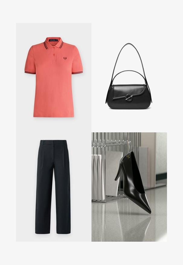 Κοραλλί polo Fred Perry με κοντά μανίκια, λωρίδα με δύο κουμπιά, μαύρες διπλές ρίγες στη γιακά και στα μανίκια, και κεντημένο λογότυπο δάφνης στο στήθος.; Μαύροι κομμένοι παντελόνια με ευθεία σχεδίαση, διαθέτοντας πλαϊνές πιέτες, λεία υφή και θηλιές ζώνης. Χωρίς ορατές τσέπες.; Μαύρο γυναικείο παπούτσι με ψηλό τακούνι και μυτερή μύτη με χρυσό λογότυπο, τοποθετημένο σε μια ανακλαστική επιφάνεια κοντά σε χρωμιωμένο μεταλλικό οργανωτή αρχείων με έγγραφα.; Μαύρη δερμάτινη τσάντα ώμου με καμπυλωτό καπάκι που ασφαλίζει με στρογγυλό μεταλλικό κούμπωμα και λεπτό, ρυθμιζόμενο λουράκι.
