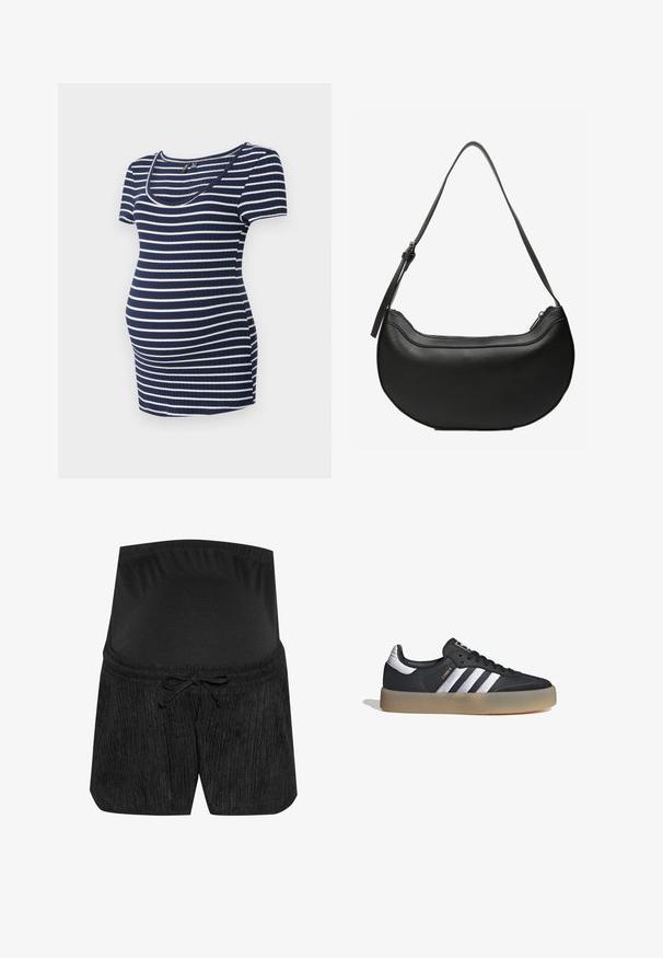 Blusa de maternidad a rayas en azul marino y blanco, de manga corta, con escote redondeado, textura acanalada, ajustada pero con espacio extra para una barriga en crecimiento.; Pantalones cortos de maternidad negros con un diseño texturizado, cintura con cordón y una cinturilla elástica y suave. Tela suave para mayor comodidad.; Zapatilla deportiva de cuero negro con tres rayas plateadas, punta texturizada y suela de goma. Cuenta con un collar acolchado y un diseño con cordones.; Bolso de cuero negro con forma de media luna, con una larga correa ajustable y cierre superior con cremallera.