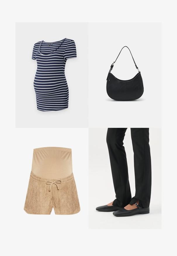 Marineblå og hvid stribet graviditetstop, kortærmet, rund halsudskæring, ribbet tekstur, tætsiddende med ekstra plads til en voksende mave.; Beige shorts med en elastisk talje, justerbar snor og tekstureret stof med et vertikalt stribemønster.; Ben iført sorte smalle bukser med forreste slidser ved kanten, parret med sorte flade Mary Jane-sko med lille spænde.; Sort hobo taske lavet af glat læder med en buet silhuet, der har en enkelt justerbar skulderrem og minimalistiske designdetaljer.