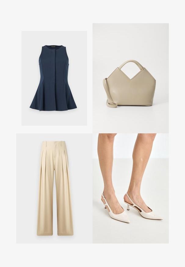 Haut sans manches bleu marine à basque avec encolure ronde et patte de boutonnage dissimulée à l'avant, présenté sur un fond gris clair.; Pantalons larges beige en tissu lisse. Présentent des plis nets, une taille haute et des détails de couture subtils pour un look ajusté.; Escarpins à talon slingback en cuir verni beige avec un bout pointu et un talon de 5 cm, présentant des côtés découpés et une fine bride à la cheville.; Sac à main structuré beige avec un dessus en V, en cuir lisse, muni de poignées courtes et d'une longue bandoulière réglable. Design minimaliste.