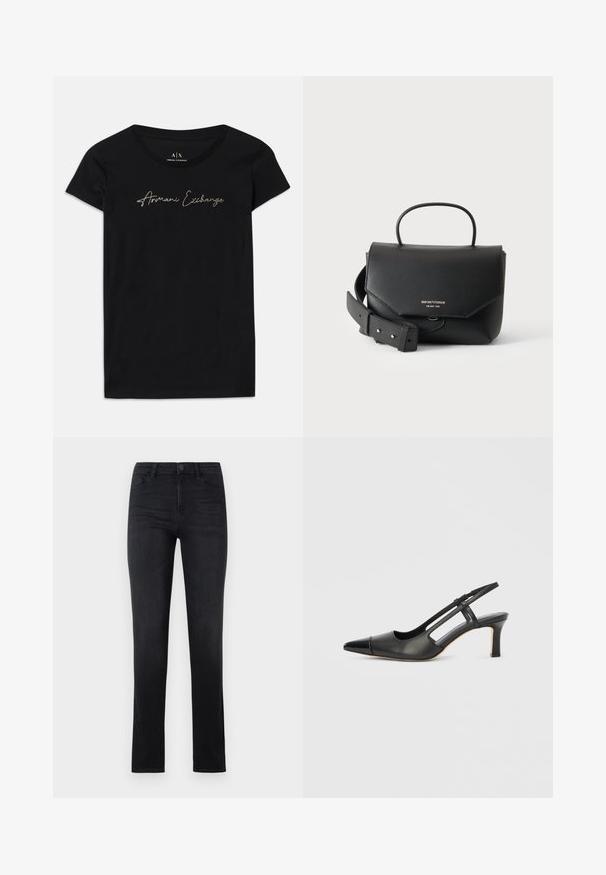 Schwarzes kurzärmliges T-Shirt aus Baumwolle mit einem Schriftzug-Logo "Armani Exchange" in goldenen Verzierungen über der Brust.; Schwarze Jeans aus Denim, taillierte Passform, gerade Beine, fünf Taschen, Knopfverschluss und dezente Steppnähte. Glatte Textur, klassischer Stil.; Schwarzer Slingback-Schuh aus Leder mit spitz zulaufender Zehenpartie, versehen mit glänzendem Akzent auf der Vorderkappe und mittelhohem Absatz. Offenes Seitendesign.; Schwarze Ledertasche von Emporio Armani mit Tragegriff oben, Klappenverschluss und breitem, abnehmbarem Schulterriemen vor weißem Hintergrund.