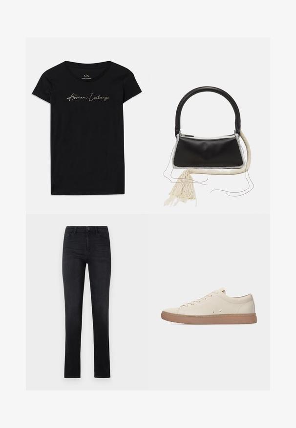 Camiseta de manga corta negra hecha de algodón, con un logo en escritura "Armani Exchange" en embellishments dorados en el pecho.; Jeans de denim negro, diseño ajustado, pierna recta, cinco bolsillos, cierre de botón y detalle de costura sutil. Textura suave, estilo clásico.; Zapatilla baja de cuero beige con suela de goma marrón, cierre con cordones en la parte delantera y detalles mínimos de costuras, mostrada de perfil sobre un fondo blanco.; Bolso de cuero negro con un asa redondeada, cremallera plateada, ribete de piel de oveja blanca, y un largo borlón crema unido a la parte delantera.