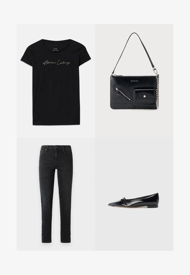 Camiseta de manga corta negra hecha de algodón, con un logo en escritura "Armani Exchange" en embellishments dorados en el pecho.; Jeans negros ajustados con botón frontal, trabillas para cinturón y un sutil desgaste a lo largo de los lados y los muslos delanteros.; Zapato plano de charol negro con punta afilada, pequeña tira decorativa y tacón bajo. Textura suave y diseño elegante.; Bolso de hombro de cuero negro de Michael Kors con cremallera superior, bolsillo diagonal en la parte frontal con cremallera, bolsillo con solapa y botón a presión, y detalle de cadena plateada.