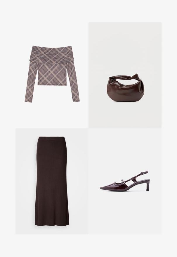 Langærmet off-the-shoulder bluse i blødt stof, med et dæmpet ternet mønster i nuancer af brun og beige, og en afslappet pasform.; Mørkebrun, ribbet strik, ankel-længde lige nederdel med høj talje, præsenteret på en hvid baggrund.; Bordeaux laklæder slingback-sko med spids tå, lav hæl og dobbelte justerbare spænderem.; Mørkebrun læder skuldertaske med en blød, afslappet form og et snoet knudehåndtag på en ensartet hvid baggrund.
