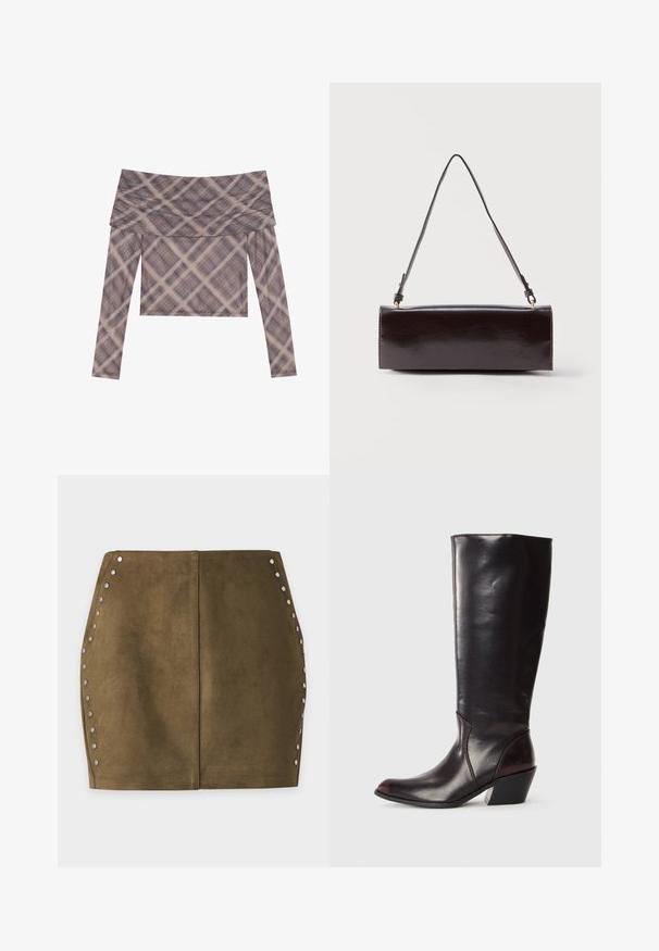 Dlhý rukáv, top s odhalenými ramenami z mäkkého materiálu, so tlmeným károvaným vzorom v odtieňoch hnedej a béžovej, s voľným strihom.; Mini sukňa z olivovozeleného semišu so striebornými cvokmi lemujúcimi zakrivené bočné švy a vertikálny stredový šev.; Kožená čižma po kolená, tmavo hnedá, s špičatou špičkou, ostrým blokovým podpätkom a hladkým, lesklým povrchom. Vyznačuje sa čistým dizajnom a švíkovým detailom.; Obdĺžniková čierna kožená kabelka s jedným dlhým remienkom a lesklým povrchom, vystavená na bielom jednoduchom pozadí.