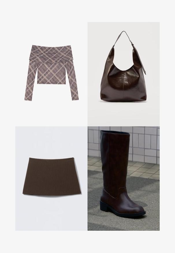 Dlhý rukáv, top s odhalenými ramenami z mäkkého materiálu, so tlmeným károvaným vzorom v odtieňoch hnedej a béžovej, s voľným strihom.; Hnedá sukňa s tenkými pásikmi, priliehavého strihu, hladkého materiálu a rozšíreným lemom, ideálna pre elegantný vzhľad.; Tmavohnedá kožená čižma do polovice lýtka so zaoblenou špičkou a nízkym blokovým podpätkom stojaca na chodníku pri obloženej stene.; Tmavohnedá lesklá kožená kabelka cez rameno s jedným širokým popruhom a prackou na jednej strane, na jednoduchom svetlom pozadí.